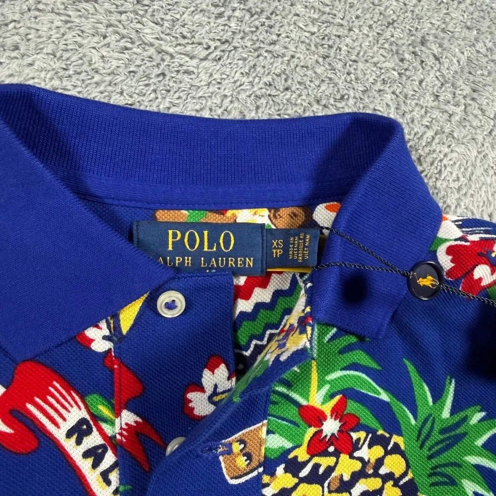 NWT Polo‎ Ralph Lauren Mens XS Polo Bear Tropical Hawaiian Print Mesh Shirt Blue